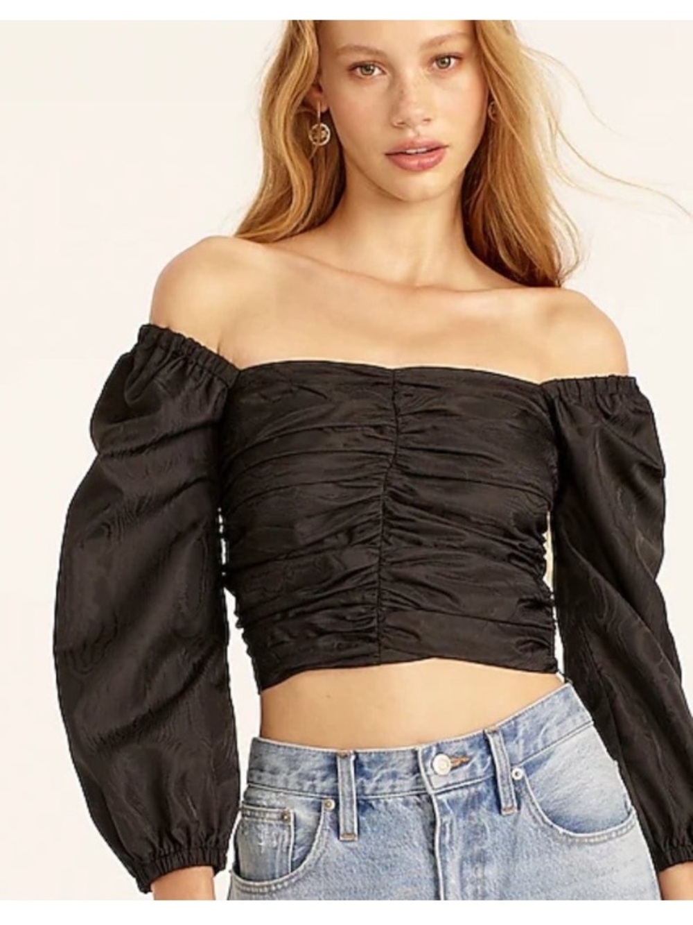 J.CREW Black Square Neck Ruched Cropped Puff Long Sleeve Blouse 8 Party Date